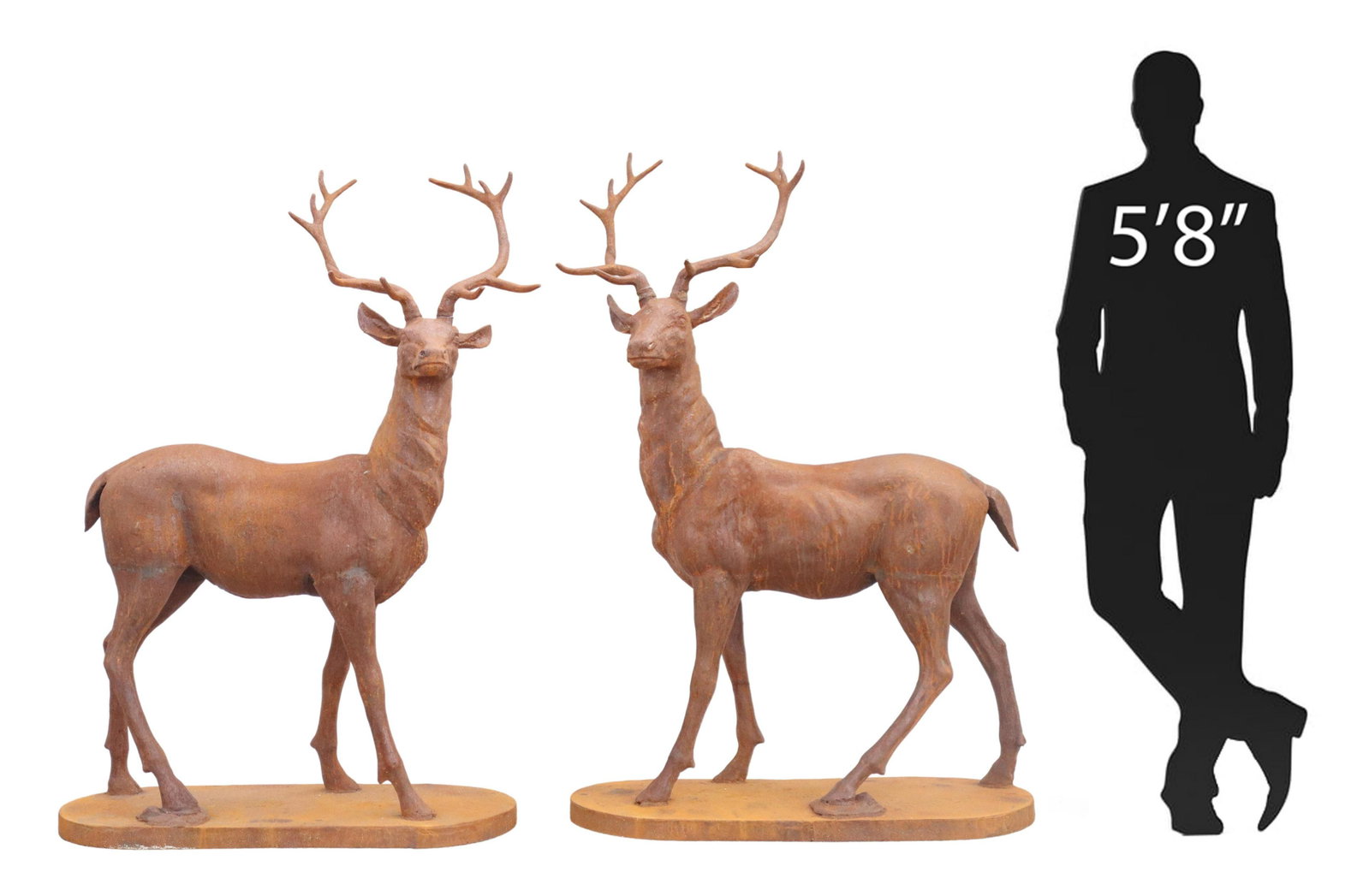(2) LARGE CAST IRON FULL BODY STAG SCULPTURES 58"H: (pair) Large cast iron full body stags, late 20th c., on integral ovular base, approx 58"h, 40"w, 17"d Start Price: $1,500.00