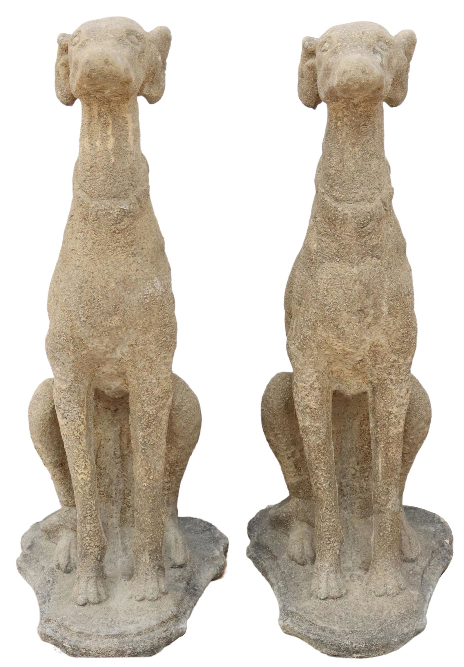 (2) CAST STONE FRENCH HUNTING DOGS GARDEN STATUARY: (pair) Cast stone garden statuary, French Hunting Dogs, late 20th c., seated and alert, rising on integral base, approx 31"h, 16"l, 11.25"w **PLEASE NOTE: All of the cast stone and garden pieces in th