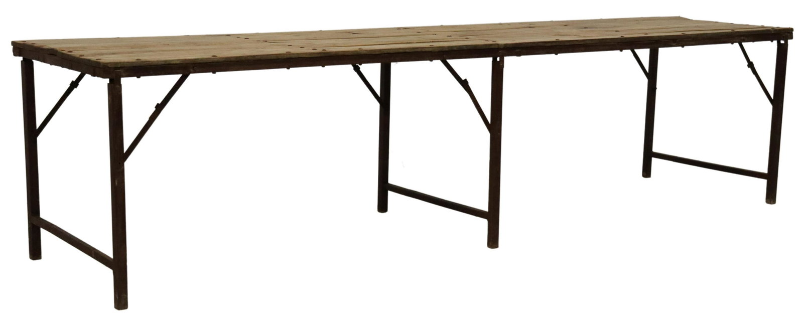 LARGE RUSTIC PLANK-TOP CAST IRON TABLE, 120"L: Large rustic dining table, 20th c., having rectangular plank top, cast iron folding frame, oxidized finish, approx 30"h, 120"l, 30.25"w Start Price: $600.00