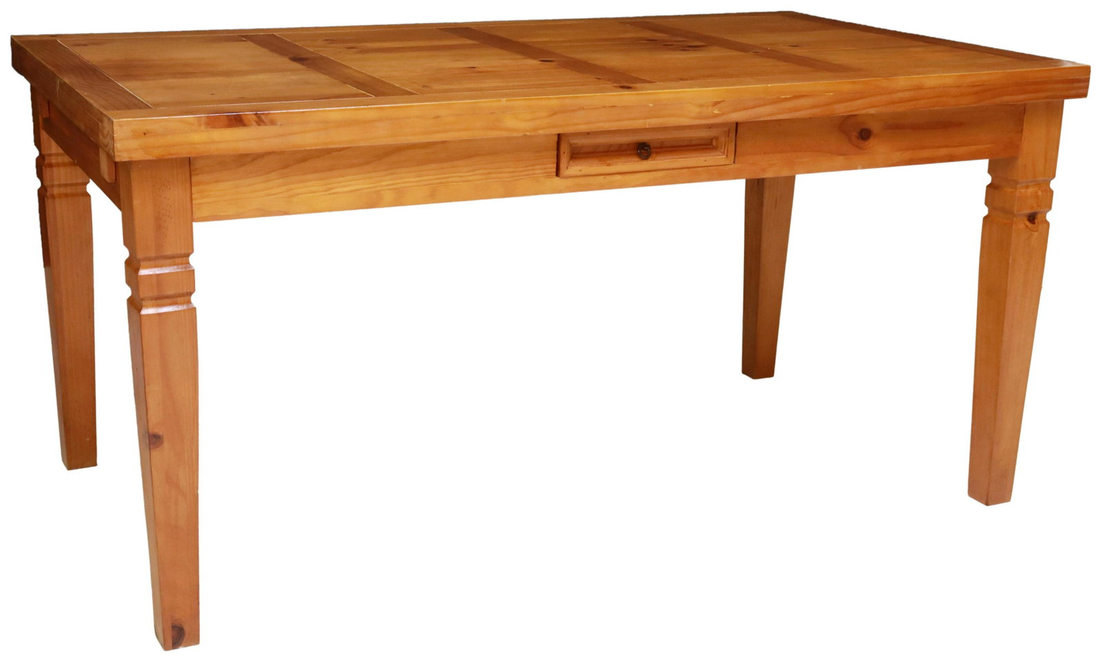 EL PASO RUSTIC CEDAR FARMHOUSE TABLE, 63"L: Rustic cedar farmhouse table, 20th c., rectangular paneled top, over single apron drawer, rising on tapered legs, marked El Paso, approx 30.75"h, 63"l, 35.5"w, floor to apron: 24.75"h Start Price: $20
