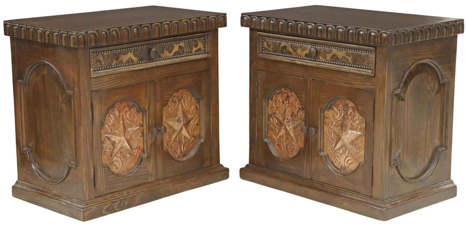 (2) JORGE KURCZYN 'LONE STAR' SOUTHWEST CABINETS: (pair) Southwest style "Lone Star" side cabinets/ nightstands, Jorge Kurczyn, Hacienda Santa Klara, top having trim with running ornamentation, single drawer, with damask patterned leather front, and