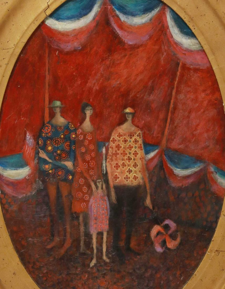 LU ANN BARROW (TEXAS, 1934-2020) 'THE FAIR': Framed oil on canvas panel painting, "The Fair," signed verso Lu Ann Barrow (Texas, 1934-2020), titled and dated [19]64-[19]65, sight: approx 18.75"h, 12.75"w, overall: 24.25"h, 18.25"w, 3lbs Start Pr