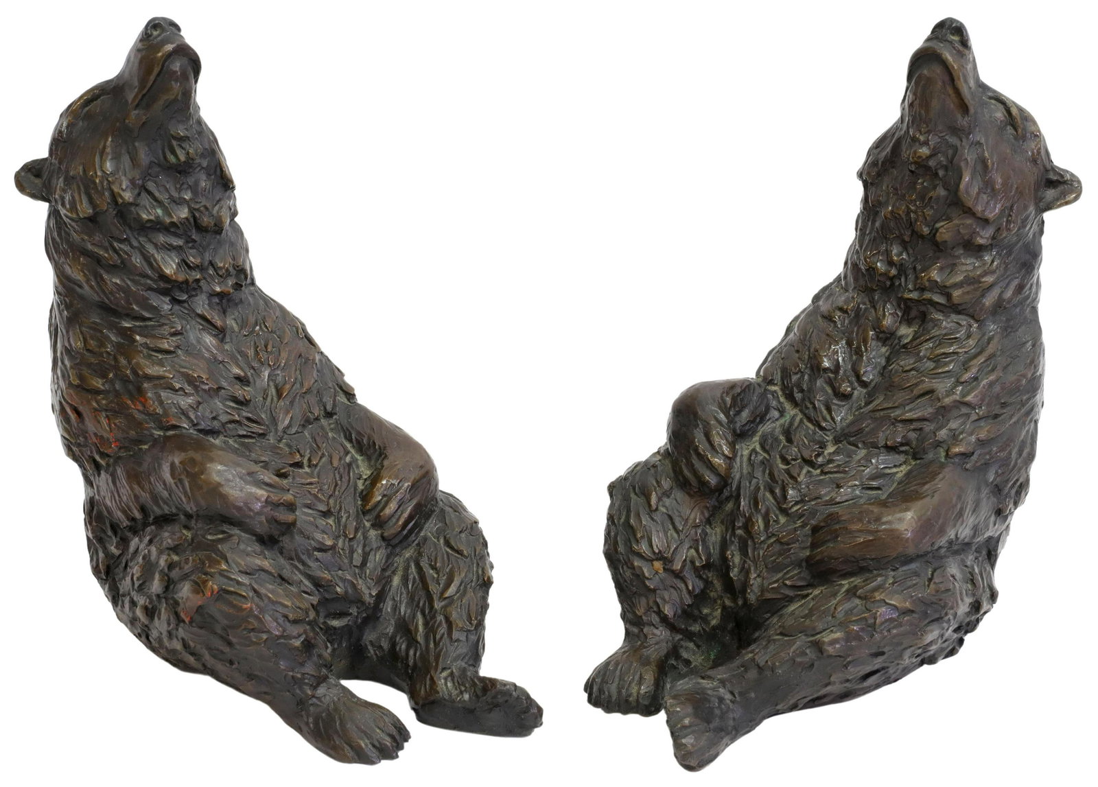 (2) D.H. TURNER (B.1961) BRONZE BEAR BOOKENDS: (pair) Black Forest style bronze bookends, Seated Bears, signed in cast D.H. Turner (David H. Turner, American, b.1961), dated 1992, approx 7"h, 7.5"w, 4.5"d; 8.5lbs total Start Price: $150.00