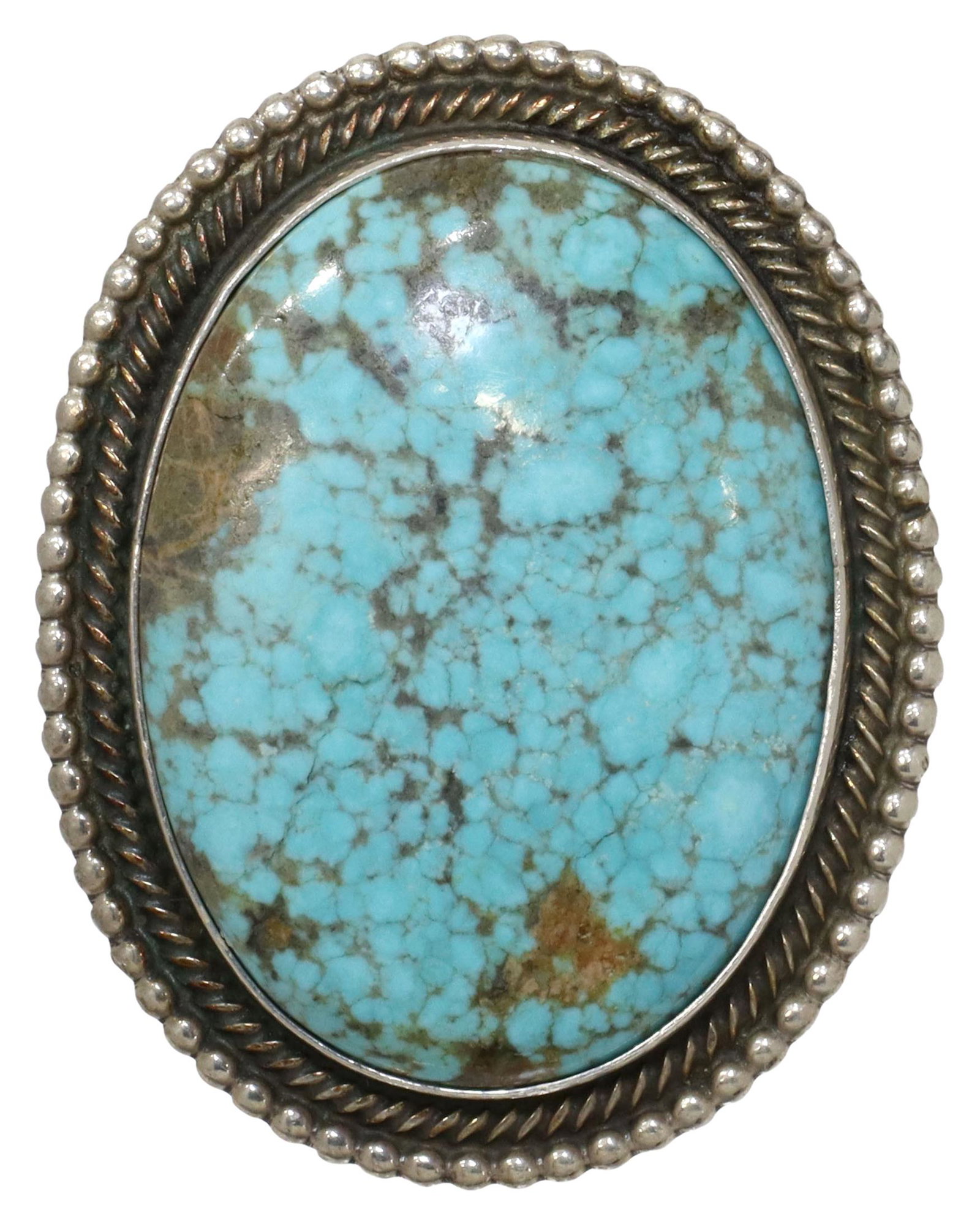 RICK MARTINEZ NAVAJO STERLING & TURQUOISE RING: Gent's Native American sterling and turquoise statement ring, signed R. Martinez (Rick Martinez, Navajo, 20thc.), large oval turquoise plaque, within a rope and beaded frame, triple shank open at size