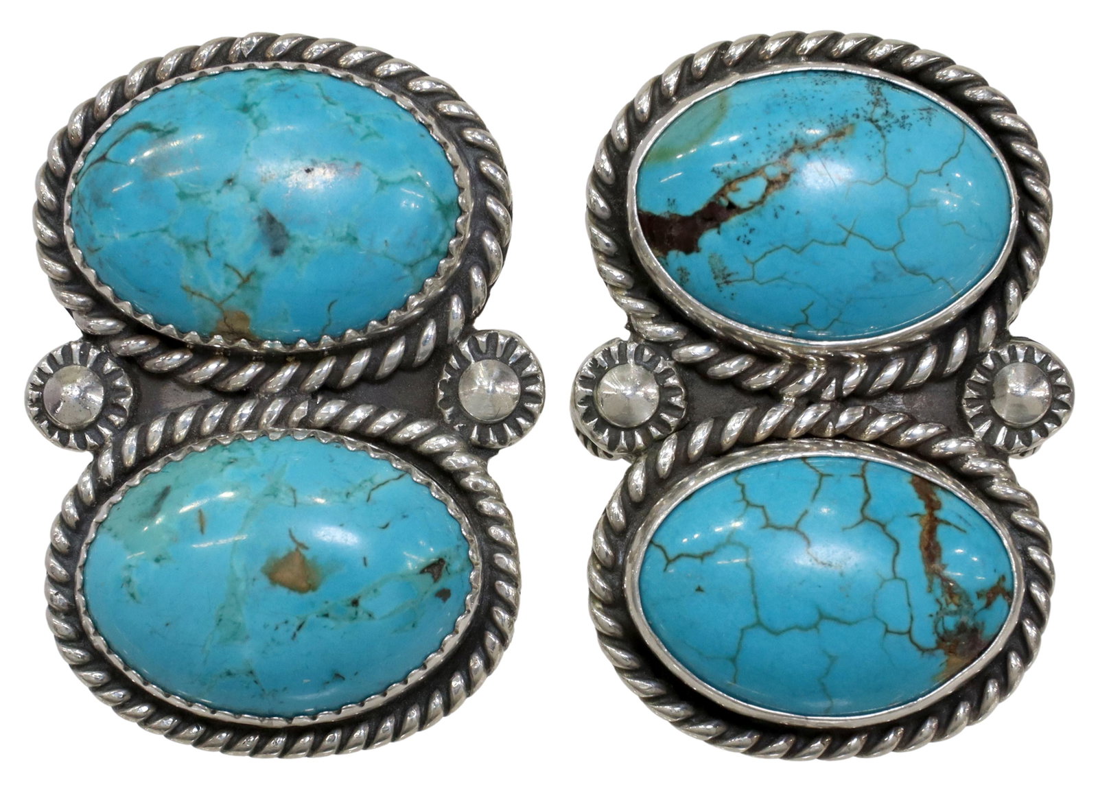 (2) NATIVE AMERICAN STERLING & TURQUOISE RINGS, TN: (lot of 2) Gents Native American sterling silver and turquoise rings, both signed TN, each having matched design of two bezel set turquoise stones, in a rope surround, bead accents at center, stampwor