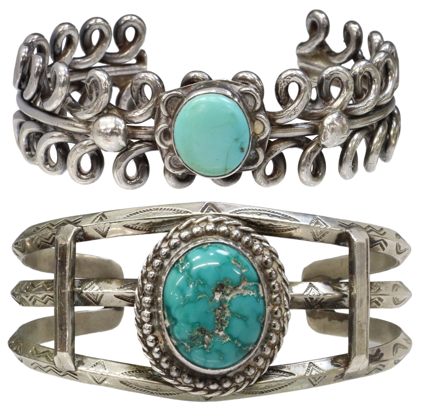 (2) SOUTHWEST STYLE SILVER & TURQUOISE CUFFS: (lot of 2) Southwest style silver (content unknown) and turquoise cuff bracelets, including: (1) triple prong cuff with stampwork design, central bezel-set oval cabochon, in bead and wire surround, cu
