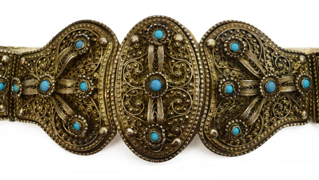 RUSSIAN .875 SILVER FILIGREE TURQUOISE HINGED BELT: Russian .875 silver hinged belt, second Kokoshnik mark, Odessa or Don assay region, silver filigree with turquoise cabochons, approx 28.75"l (end to end), 2 3/8"w, 449 grams (inclusive of all material