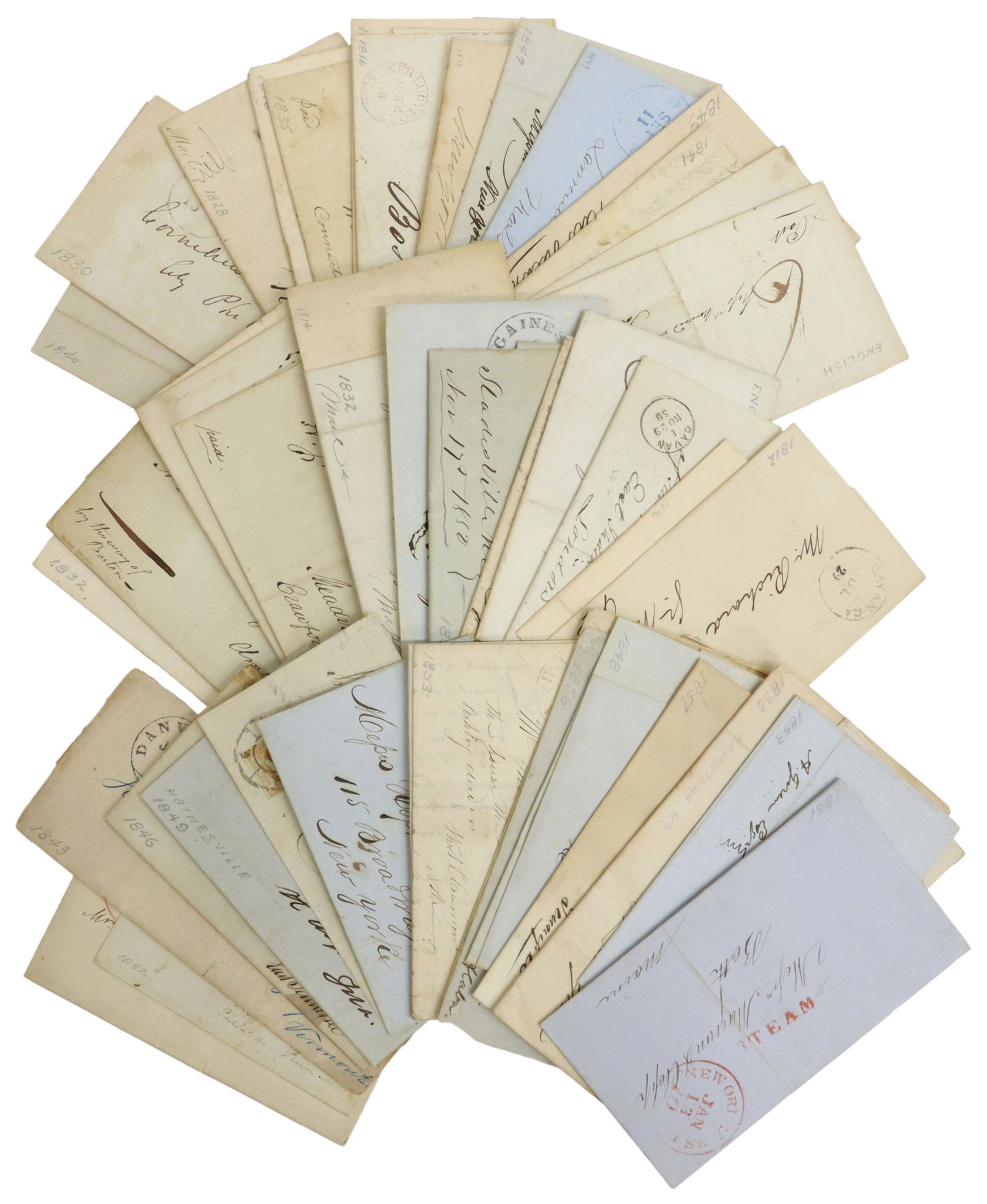 (50) US STAMPLESS COVERS, MANY ORIGINAL LETTERS: (lot of 50) U.S. Stampless covers, pre-1865, many include original letters, may have one or two British, from and to various cities and states, tears, folds Start Price: $100.00