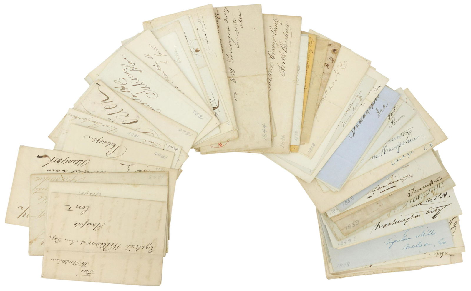(50) US STAMPLESS COVERS, MANY ORIGINAL LETTERS: (lot of 50) U.S. Stampless covers, pre-1865, many include original letters, may have one or two British, from and to various cities and states, tears, folds Start Price: $100.00