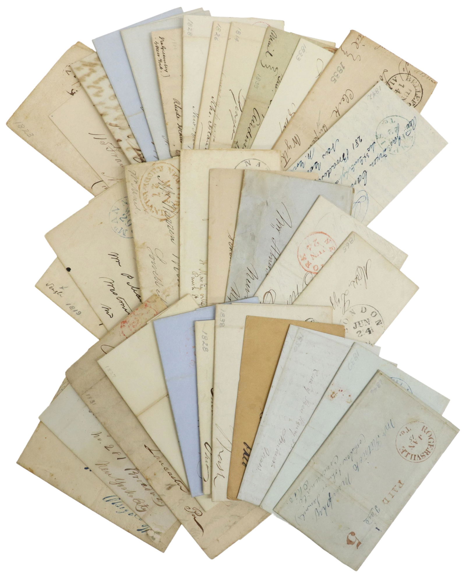 (50) US STAMPLESS COVERS, MANY ORIGINAL LETTERS: (lot of 33) U.S. Stampless covers, pre-1865, many include original letters, may have one or two British, from and to various cities and states, tears, folds Start Price: $100.00