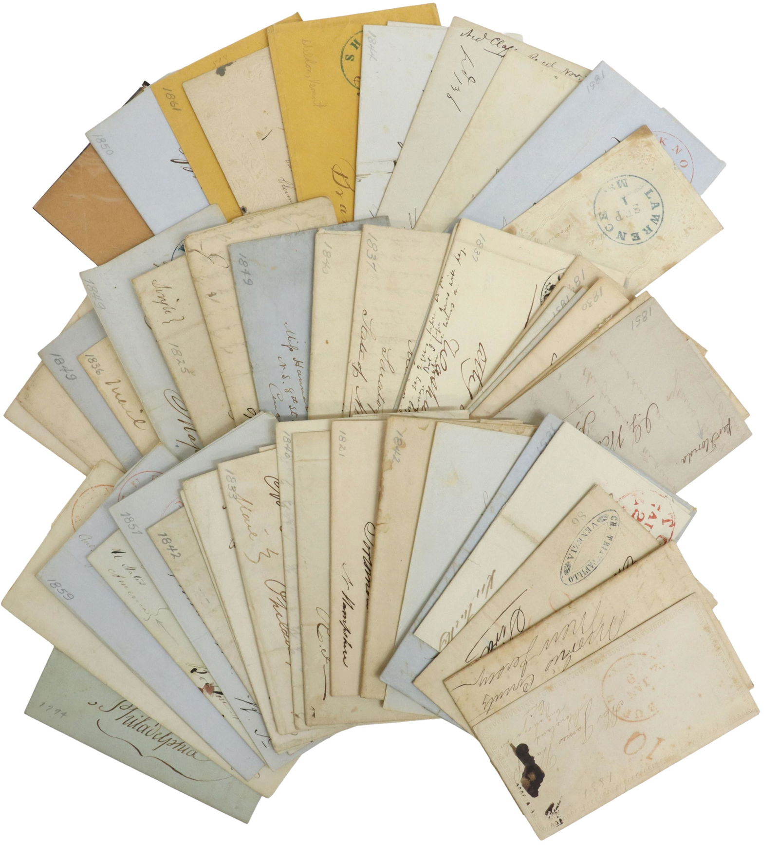 (50) US STAMPLESS COVERS, MANY ORIGINAL LETTERS: (lot of 50) U.S. Stampless covers, pre-1865, many include original letters, may have one or two British, from and to various cities and states, tears, folds Start Price: $100.00
