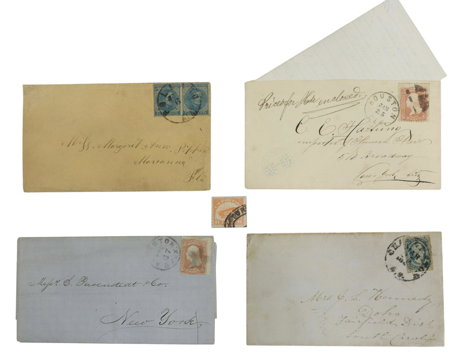 (6) CONFEDERATE 5 & 10 CENT & US STAMPS #C1, #64: (lot of 6) U.S. and Confederate States cancelled postage stamps, including: (1) U.S. 6 cent airmail stamp, #C1; (2) 5 cent Jefferson Davis; (1) 10 cent Jefferson Davis; (2) U.S. 3 cent stamps, believe