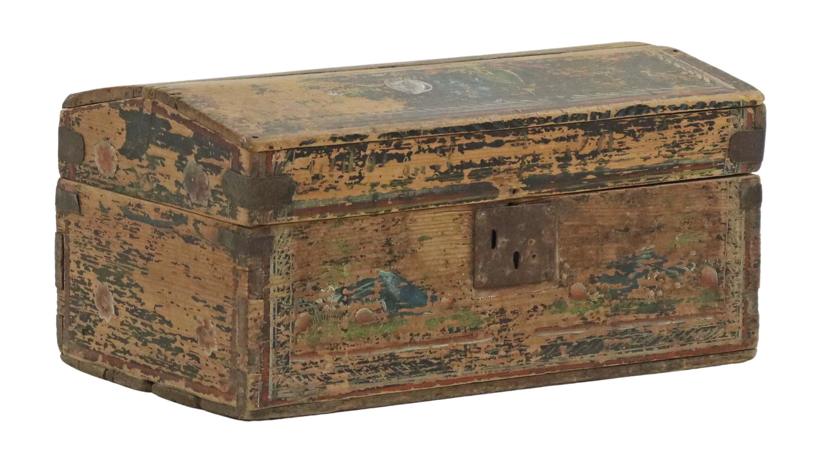 OLINALA, MEXICO LACQUERED WOOD CHEST/ TRUNK: Hand-painted "maque" (lacquer) wood chest/ trunk, Olinala, Guerrero, Mexico, dovetailed and nailed construction, metal corner brackets, exterior decorated with polychrome flowers, slightly domed top o