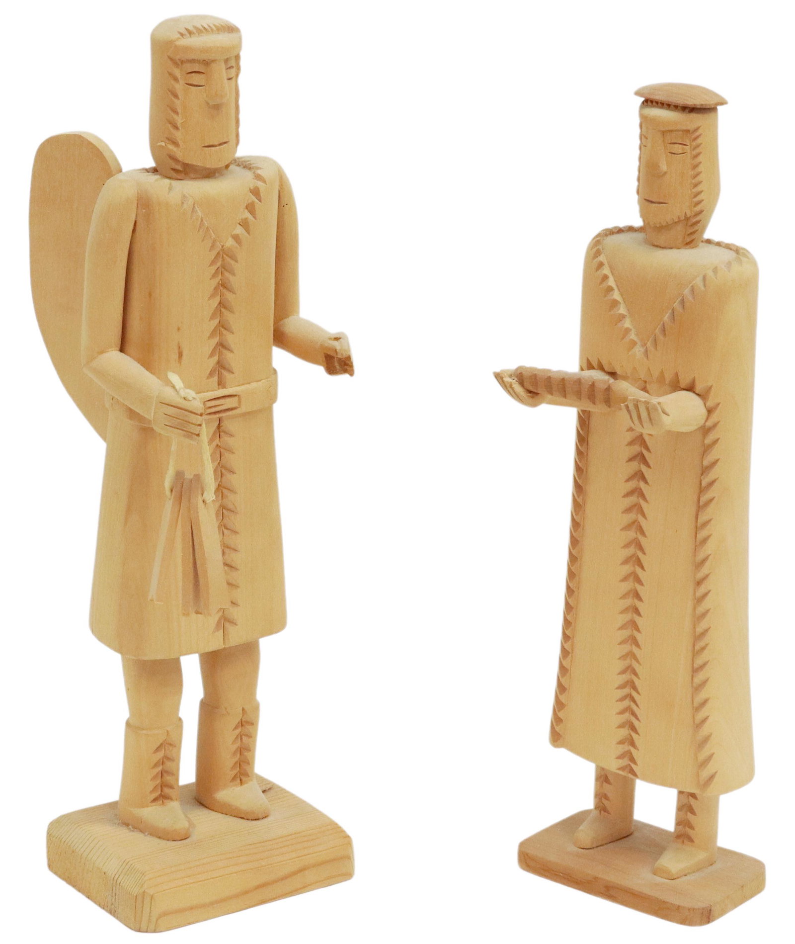 (2) SAMMY CORDOVA CARVED WOOD BULTOS NEW MEXICO: (lot of 2) Carved wood Santo figures, signed Sammy Cordova (Cordova, New Mexico, 20th c.), including: (1) Saint Raphael holding fish, marked "Gen Del" underfoot, some missing elements, loss to one han