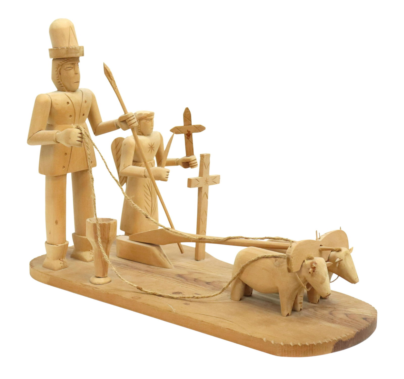 LAWRENCE ORTIZ CARVED WOOD SAN ISIDRO LABRADOR: Carved wood Santo figure, signed underfoot Lawrence A. Ortiz (New Mexico, 20th c.), depicting Archangel Michael holding sword and cross, beside standing San Isidro Labrador with spear, holding reins t
