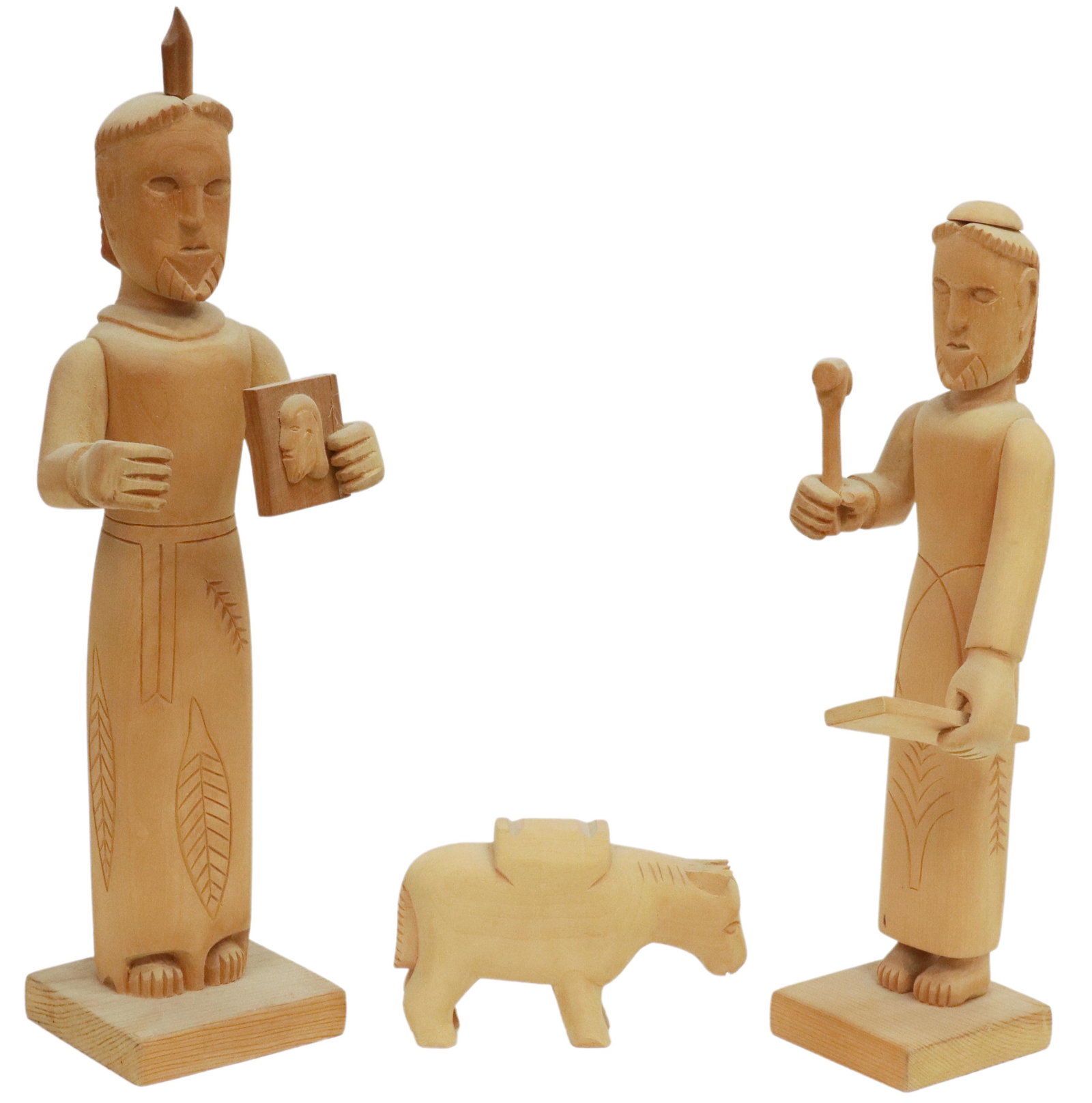 (3) JOSE MONDRAGON (D.1989) CORDOVA CARVED BULTOS: (lot of 3) Carved wood Santo figures, including: (2) signed Jose Mondragon (Cordova, New Mexico, 1931-1989), including: (one) Saint Joseph holding carpentry tools, (one) Saint Vincent Ferrer holding b