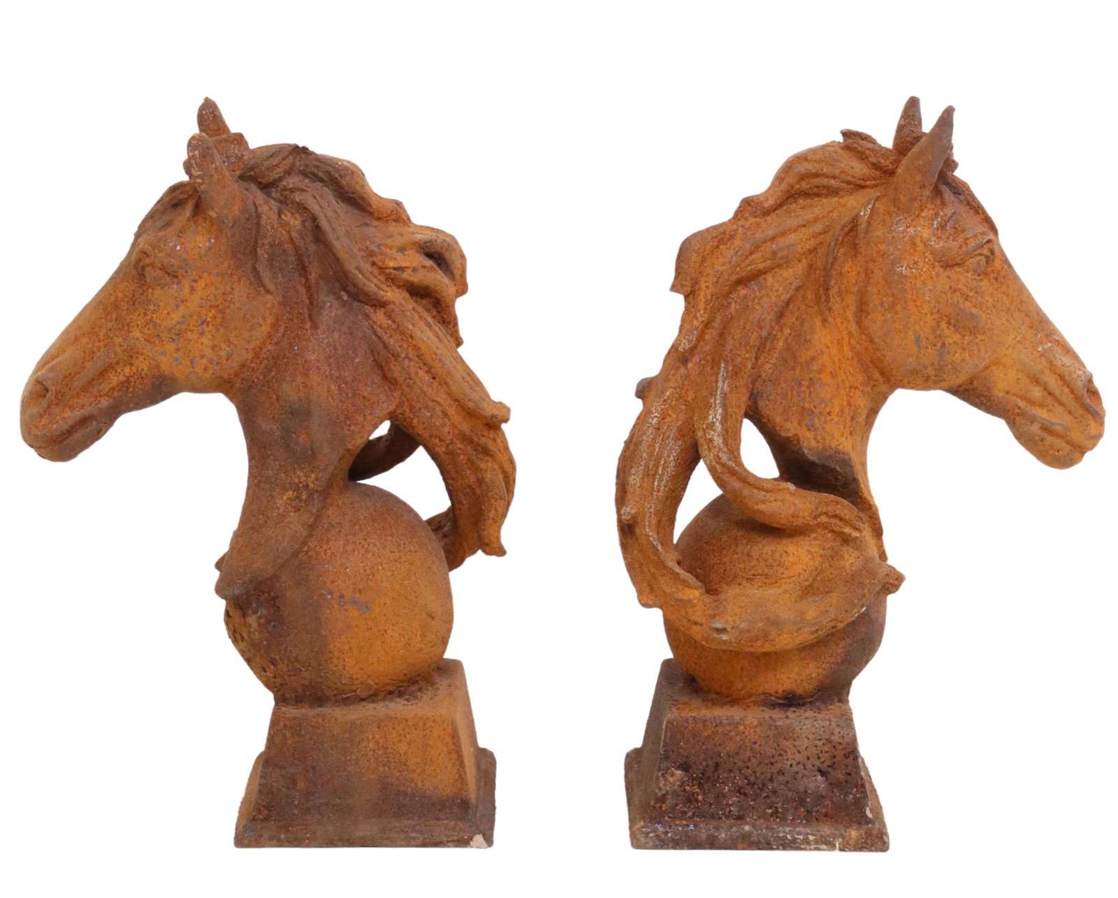 (2) CAST IRON HORSE HEAD GATE POST FINIALS: (pair) Cast iron architectural elements, likely gate post finials, late 20th c., horse head over sphere, rectangular plinth, oxidized finish, approx 18"h, 7"w, 12"d; 58lbs total Start Price: $200.00