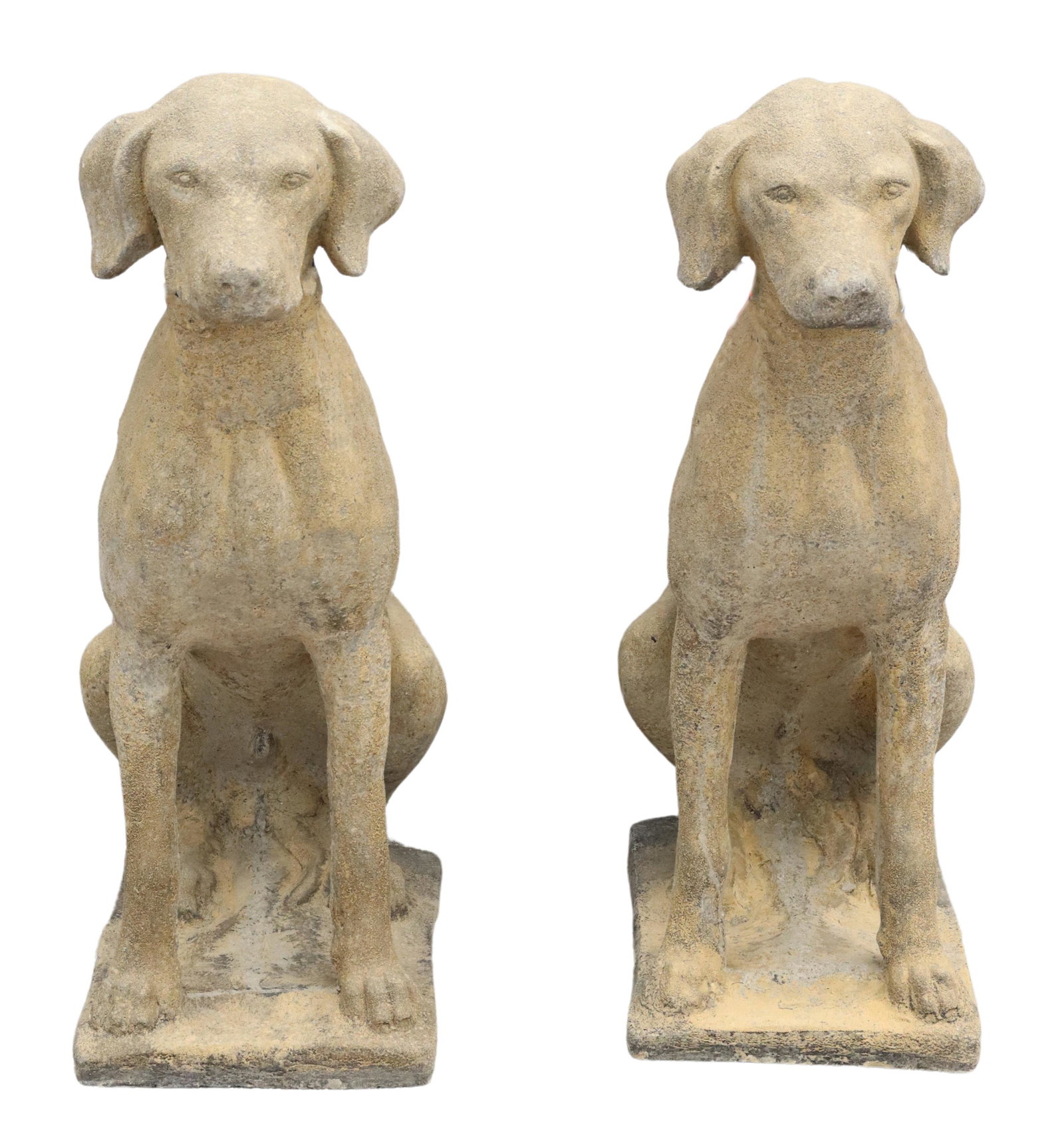 (2) LIFE-SIZE CAST STONE SEATED HUNTING DOGS, 28"H: (pair) Cast stone garden statuary, Seated Hunting Dogs, late 20th c., each sitting on rectangular plinth, approx 28"h, 10"w, 20"d **PLEASE NOTE: All of the cast stone and garden pieces in this auction