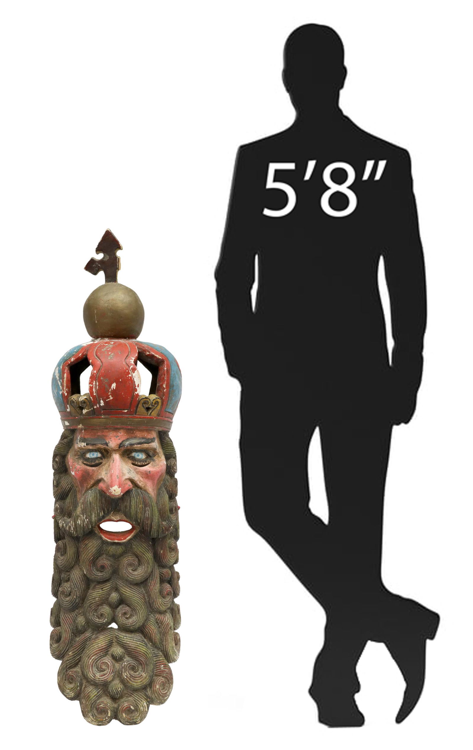 LARGE MEXICO CARVED WOOD FESTIVAL MASK, 44"H: Large carved and polychrome painted wood mask, likely Guerrero, Mexico, depicting bearded man wearing crown with a cross, inset glass eyes, intact with loss to cross, approx 44"h, 12"w, 3.75lbs Start