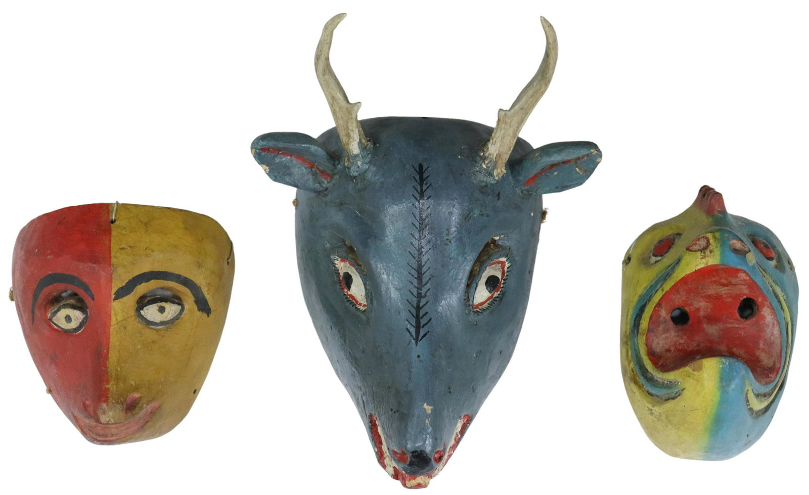 (3) FOLK ART PAINTED FIGURAL DANCE MASKS, MEXICO: (lot of 3) Mexican folk art polychromed carved wood masks, possibly Guerrero, including: (2) dual-toned figural masks, (one) in yellow and blue, with carved fringe, open mouth, (one) in yellow and red