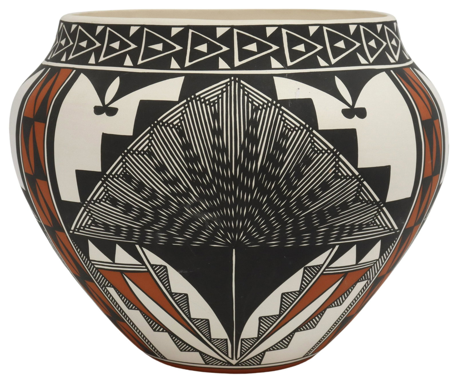 LARGE G. REED ACOMA PUEBLO NEW MEXICO POTTERY OLLA: Native American pottery olla/ bowl, signed underfoot G. Reed, Acoma, New Mexico, possibly Germaine Reed, red and black slip decorated palm/ geometric patterns, approx 8.75"h, 11"diam, 3lbs Start Price