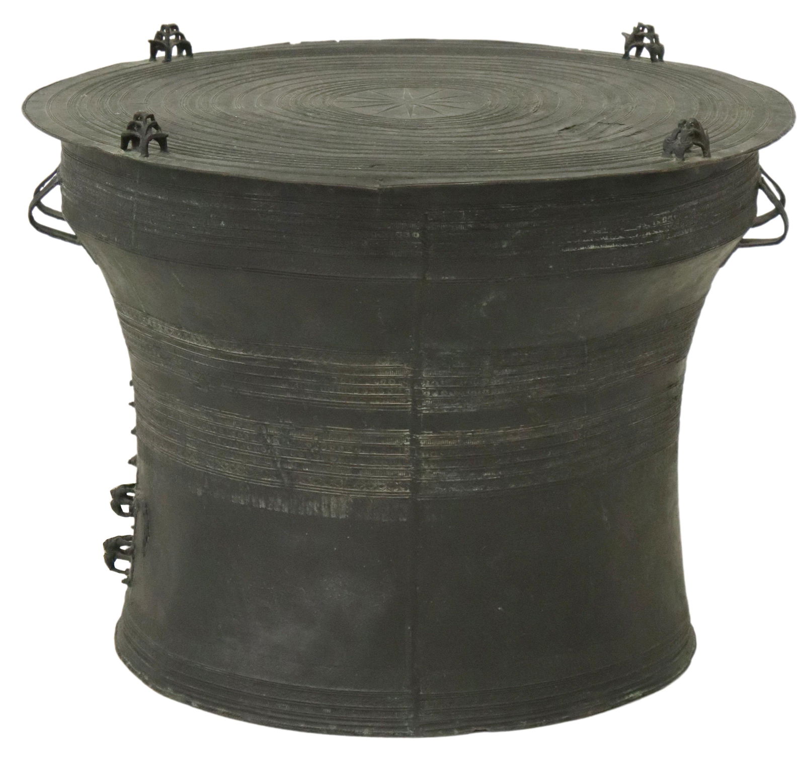 THAI PATINATED BRONZE RAIN DRUM, FROGS & ELEPHANTS: Patinated bronze rain drum, Thailand, having stacked frog figures around border, over top with concentric circles, centering twelve-point star, rising on tapered base, with line of elephants to one si