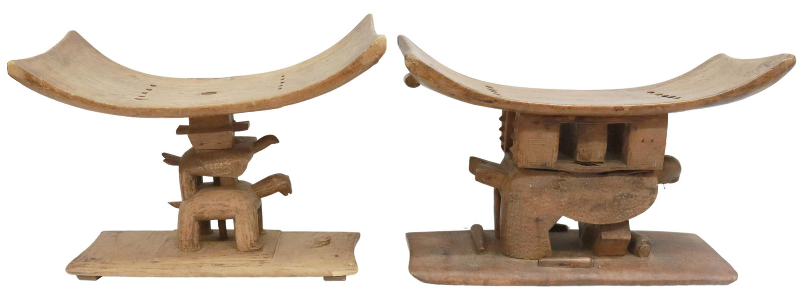 (2) WEST AFRICAN ASANTE CARVED WOOD TURTLE STOOLS: (lot of 2) African carved wood stools, likely of the Asante people, Ghana, each having curved seat, including: (1) with swivel seat, rising on figural standard of two stacked turtles, above integral b