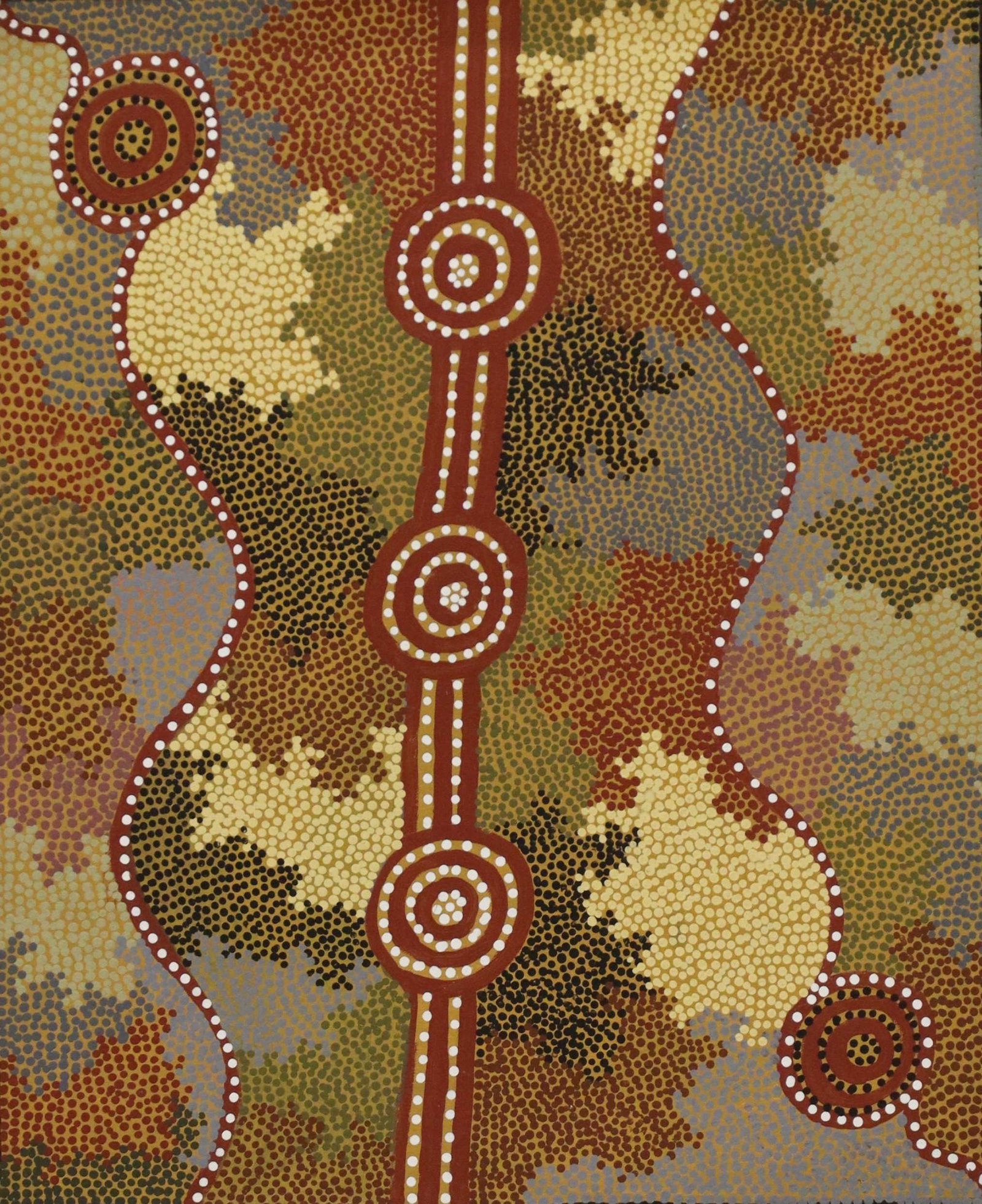 PAULINE WOODS (B.1949) ABORIGINAL PAINTING: Framed acrylic on canvas painting, "Grey Bird Travelling," signed verso Pauline Woods (Pauline Woods Nakamarra, Indigenous Australian, b.1949), Gallery Gondwana stamp, sight: approx 22.75"h, 18.75"w, 