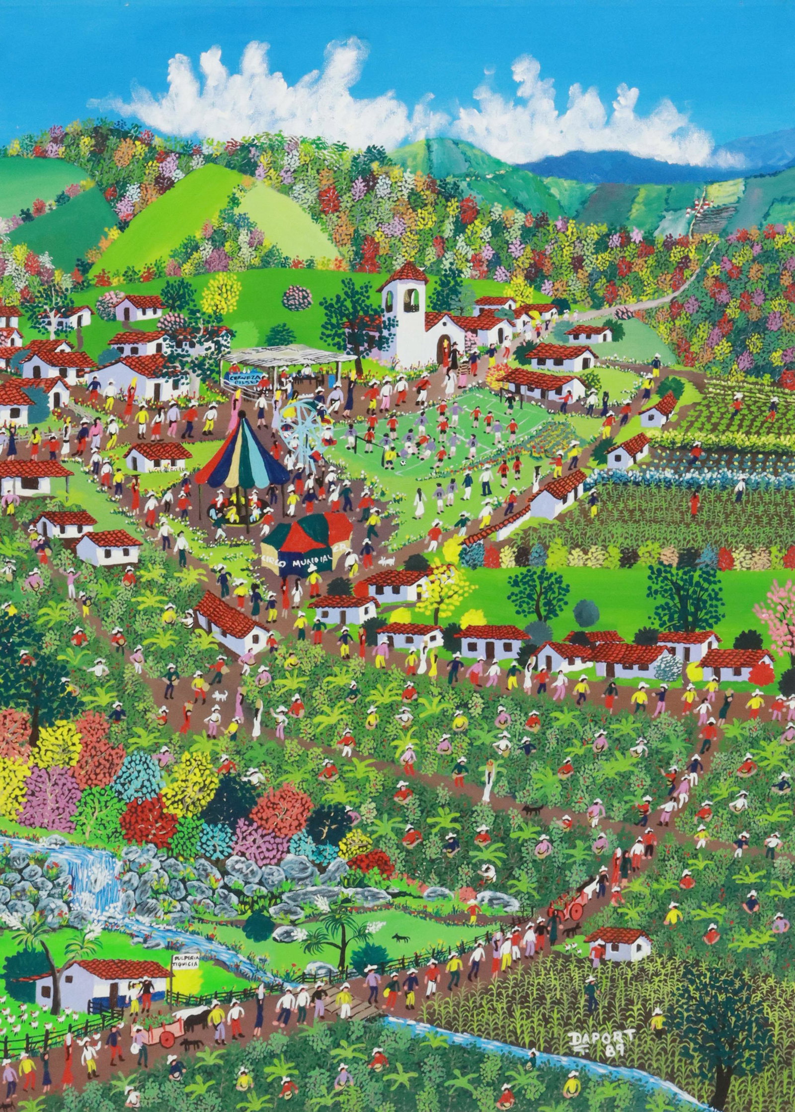 SIGNED DAPORT ACRYLIC PAINTING COSTA RICAN VILLAGE: Unframed acrylic on stretched canvas painting, Village Life, signed lower right Daport (Daniel Antonio Ortiz Perez, Costa Rica, 20th c.), dated [19]89, approx 34.75"h, 25.25"w, 2.75lbs Start Price: $1