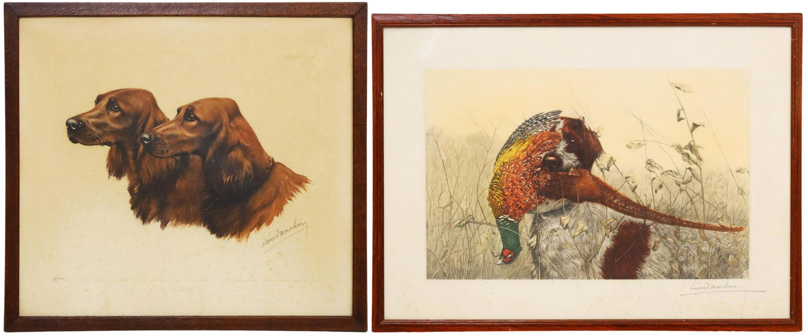 (2) LEON DANCHIN (1887-1938) HUNTING DOG ETCHINGS: (lot of 2) Framed etchings on paper, signed lower right Leon Danchin (French, 1887-1938), copyright by La Gravure Francaise, Paris, including: (1) Irish Setters, (1) Wirehaired Pointer with Pheasant,