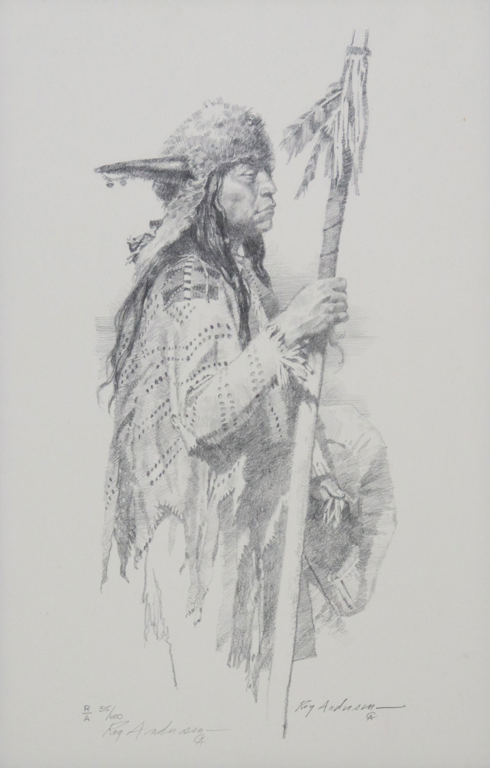 SIGNED ROY ANDERSEN LTD ED PRINT NATIVE AMERICAN: Framed limited-edition print on paper, Indian Warrior, signed lower left Roy Andersen CA (Roy H. Andersen, American, 1930-2019), numbered 315/ 600, sight: approx 19.5"h, 12.5"w, overall: 22"h, 15"w, 3