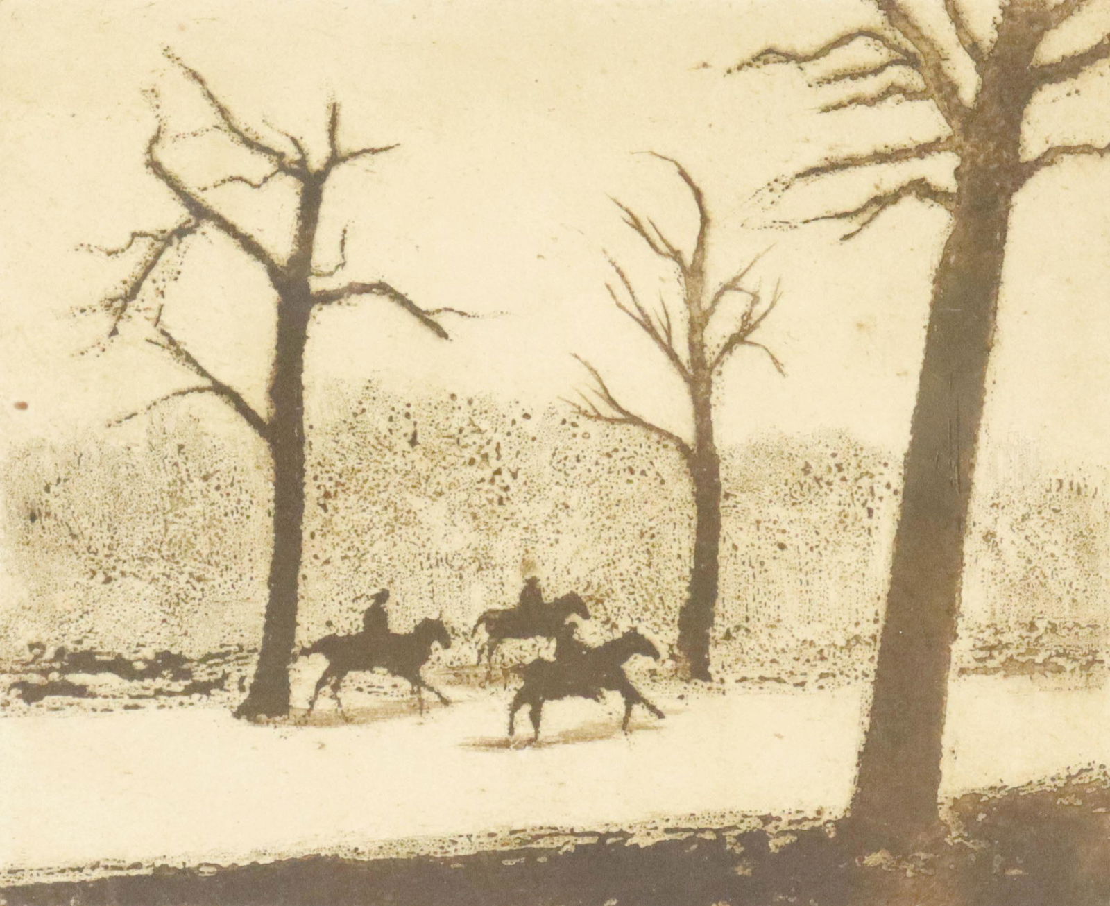 FRANCIS KELLY (D.2012) SIGNED PRINT, 'THE RIDERS': Framed print on paper, "The Riders," signed lower right Francis Kelly (Francis Robert Jr. Kelly, American, 1927-2012), titled lower left, penciled at center artist's proof, sight: approx 10.5"h, 12.5"