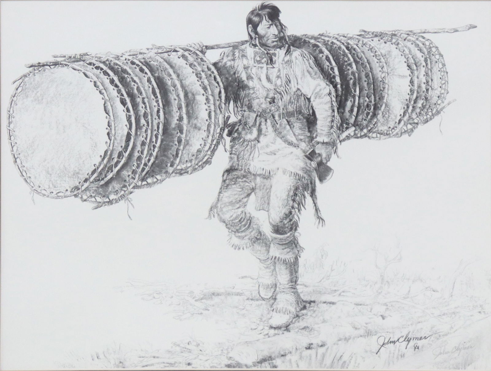 SIGNED JOHN FORD CLYMER 'CAMPKEEPER' PRINT: Framed print on paper, "Campkeeper," signed lower right John Clymer (John Ford Clymer, American, 1907-1989), sight: approx 18.5"h, 24.5"w, overall: 30"h, 36"w, 11lbs Start Price: $50.00