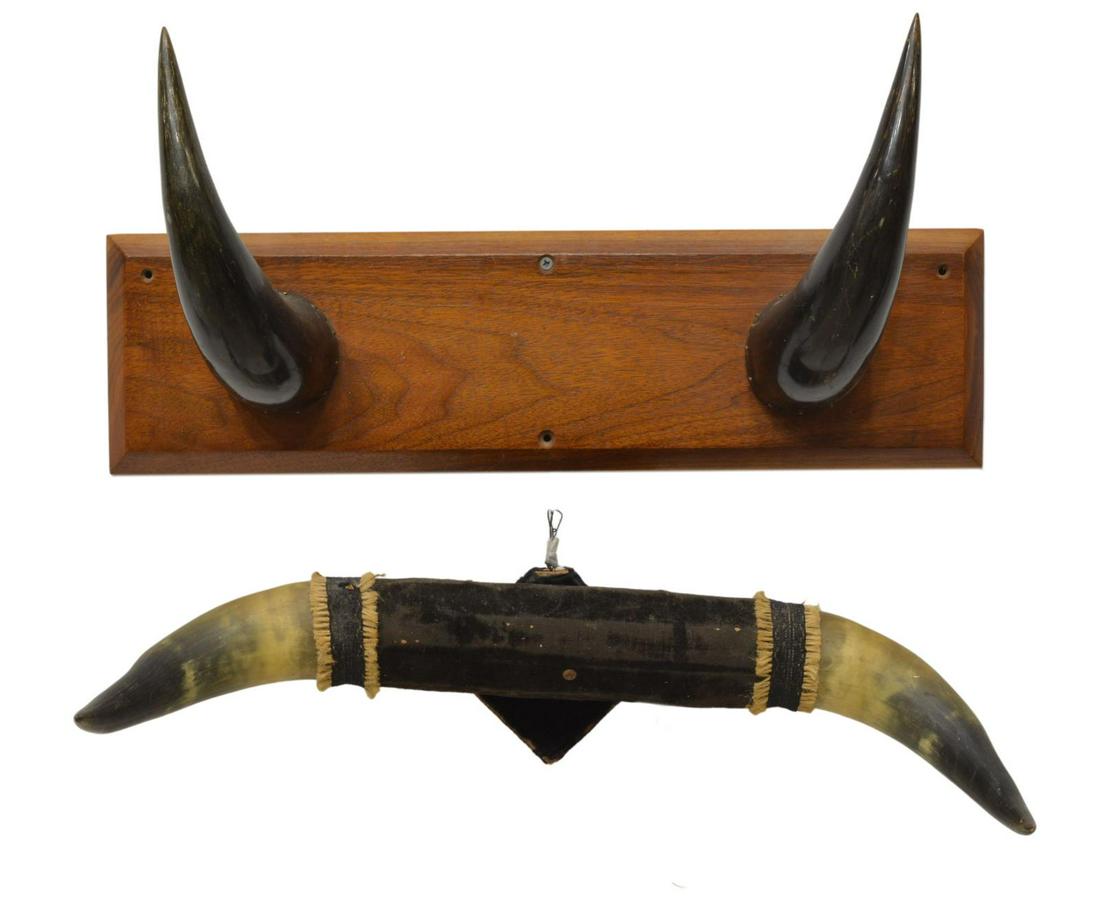 (2) BUFFALO & LONGHORN STEER TROPHY MOUNTS: (lot of 2) Trophy racks, including: (1) buffalo horn rack, on wood mount, overall: approx 22.25"w, horns: approx 17.5"w, (1) longhorn steer trophy rack, center wrapped in velvet, on square mount, appr