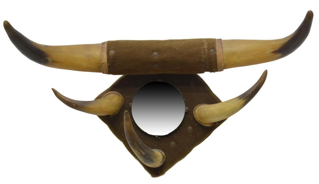 LONGHORN STEER TROPHY RACK/ MOUNT WITH MIRROR: Longhorn steer trophy rack, center wrapped with leather bands, over three additional horns, center mirror, on mount, approx 23"w, 4lbs Start Price: $50.00