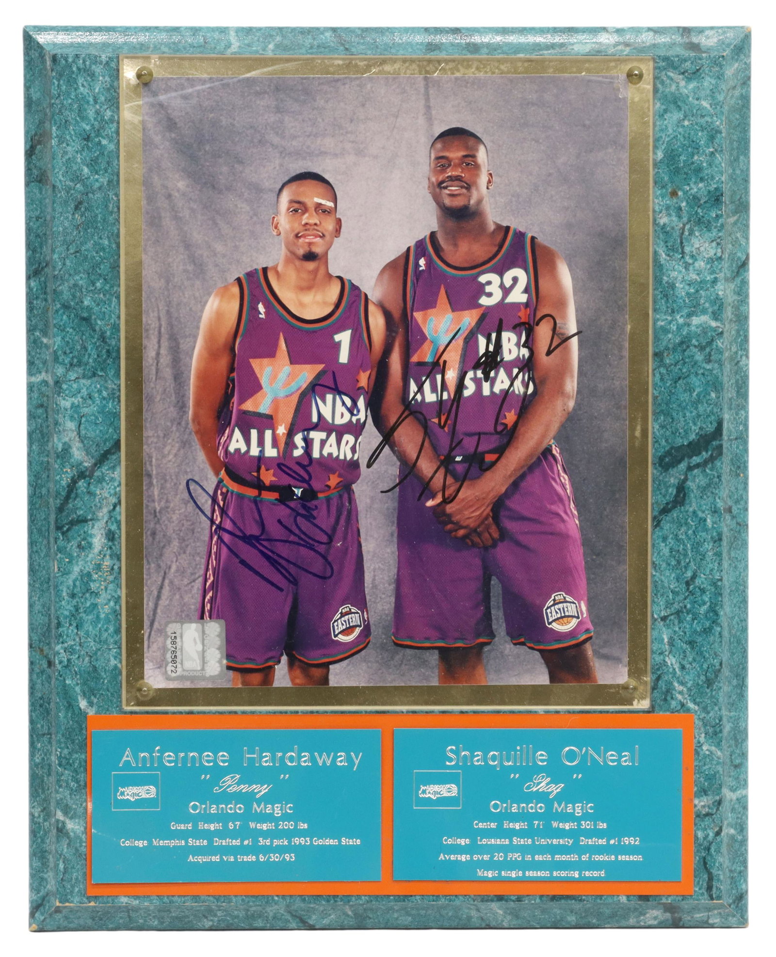 SIGNED PHOTO OF SHAQUILLE O'NEAL & PENNY HARDAWAY: Framed signed photograph of former Orlando Magic players, Anfernee Deon "Penny" Hardaway and Shaquille "Shaq" Rashaun O'Neal, c.1993, mounted on faux marble wood frame, sticker of authenticity to fron