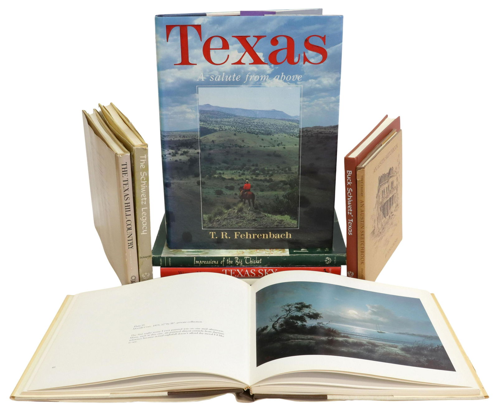 (9) BOOKS OF TEXAS ARTISTS, TWO SIGNED BY ARTIST: (lot of 9) Books: Texas artists, including: (1) "Texas Sky: Wyman Meinzer", introduction by John Graves, University of Texas Press, 1998, 132 pages, signed by artist; (1) "Texas: A Salute from Above",