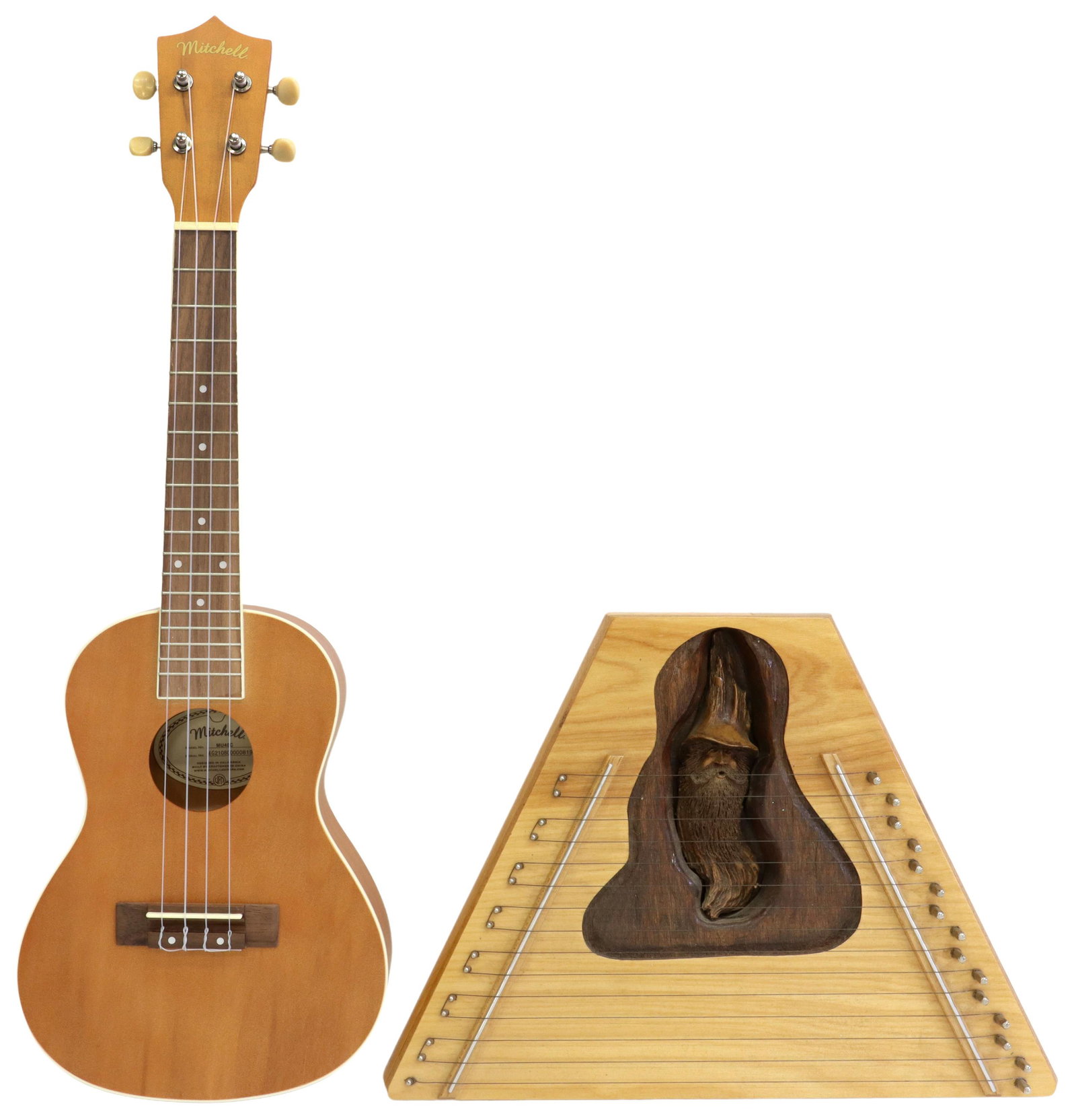 (2) MITCHELL MU40C UKULELE & FOLK ART MELODY HARP: (lot of 2) Musical instruments, including: (1) Mitchell MU40C ukulele, overall: approx 24"l, (1) melody harp, Ah-Weh Hut Crafts, Inc., Blue Ridge Mountains, approx 11"h, 15.25"w; 3.75lbs total Start P