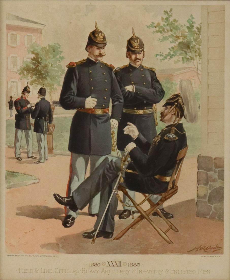 AFTER H.A. OGDEN MILITARY UNIFORMS LITHOGRAPH: Framed lithograph on paper, "1880 XXXII 1885 Field and Line Officers, Heavy Artillery and Infantry and Enlisted Men," after H.A. Ogden (Henry [Harry] Alexander Ogden, American, 1856-1936), lithograph 