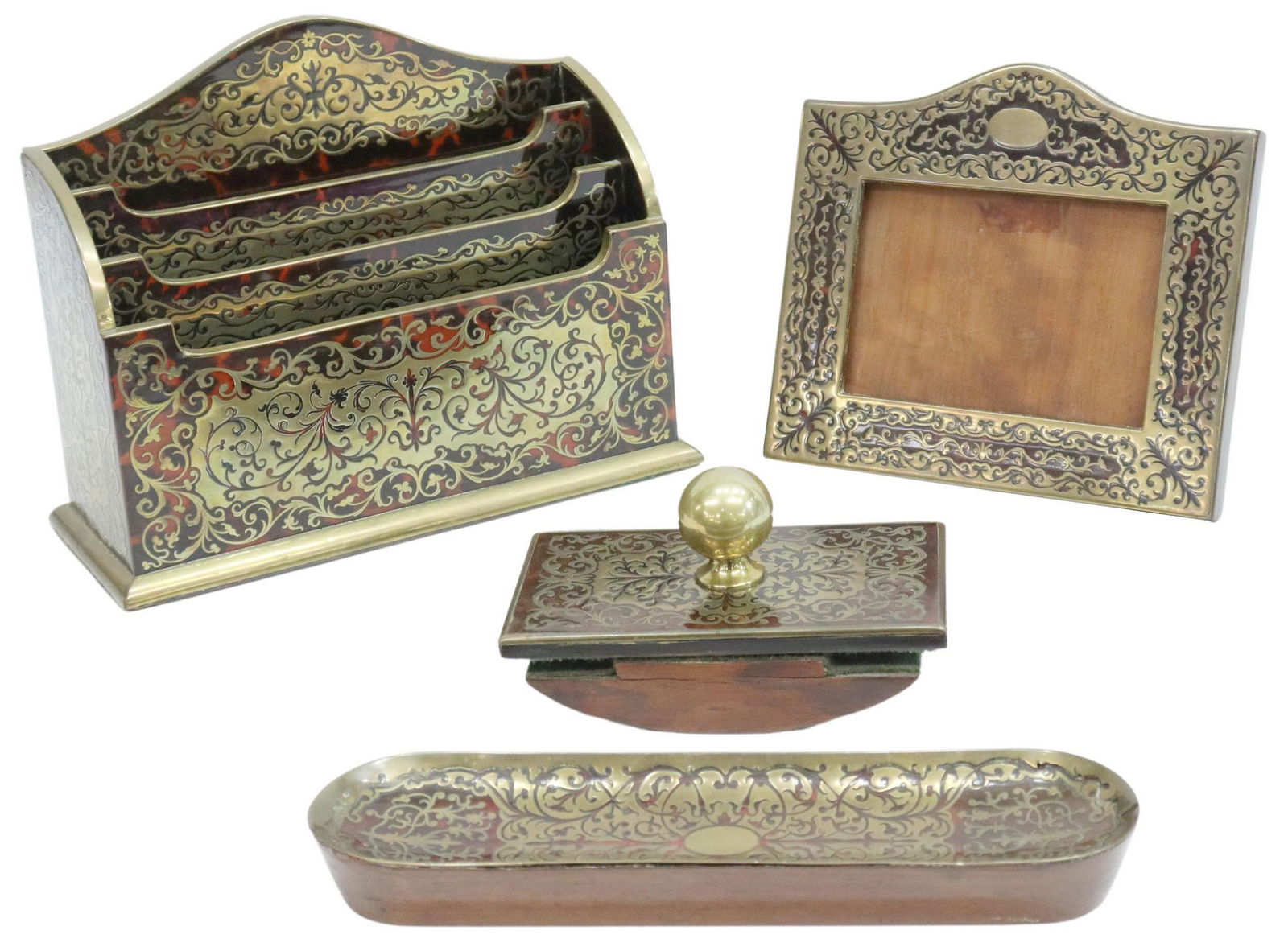(4) FINE FRENCH BOULLE WORK MARQUETRY DESK SET (1 of 5)