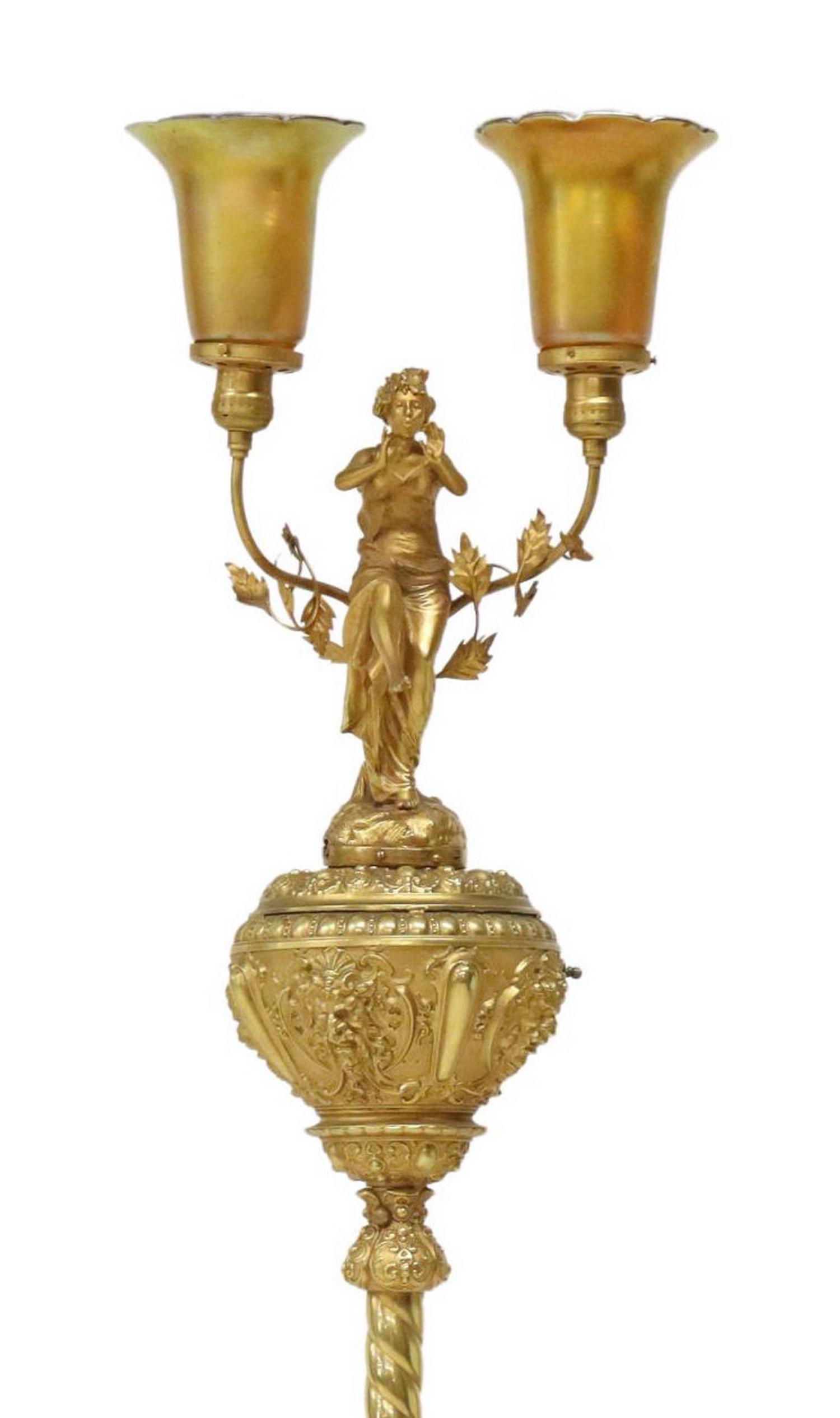 GILDED KEROSENE FLOOR LAMP QUEZAL GLASS SHADES (1 of 8)