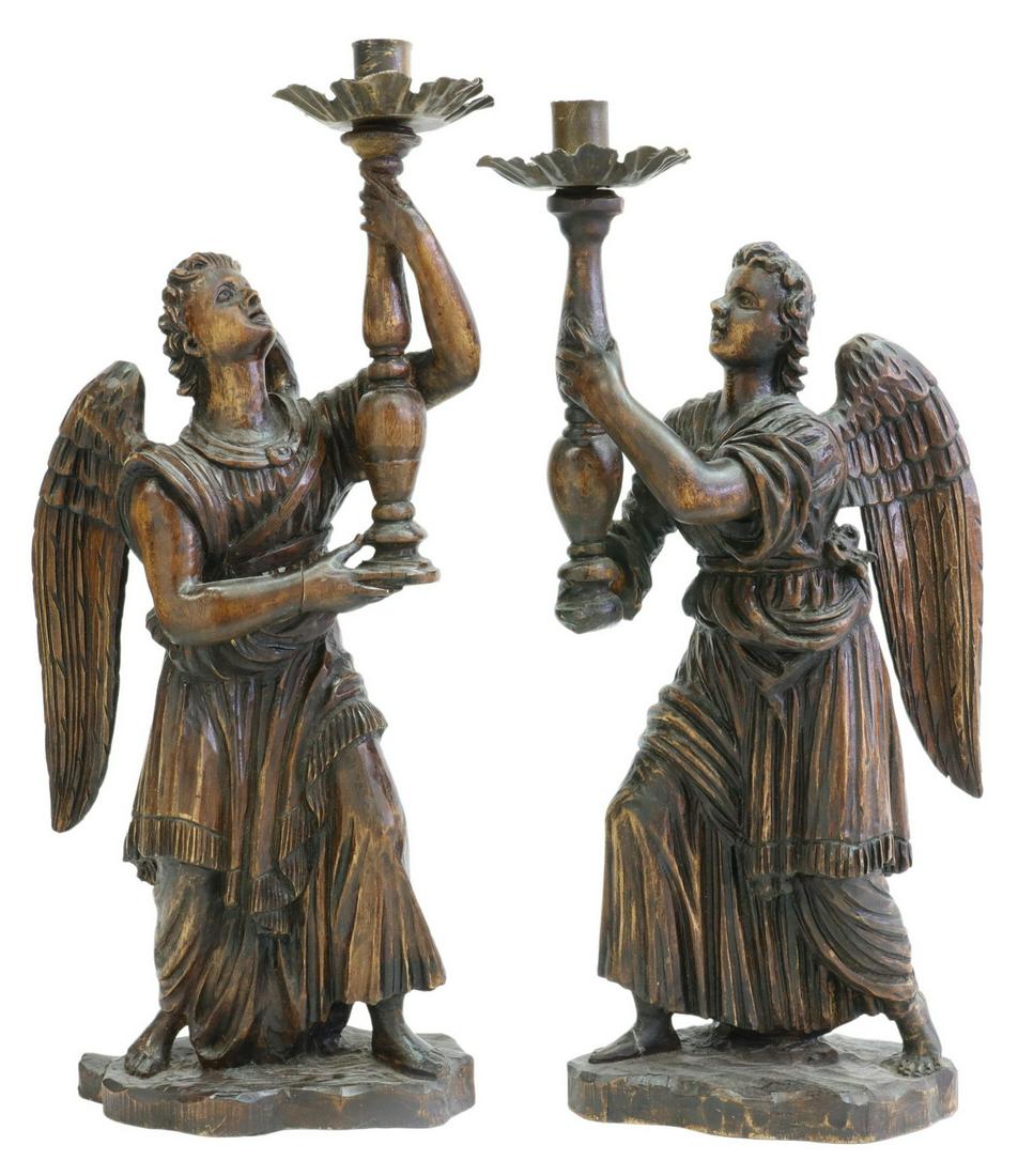 (2) CARVED WOOD FIGURAL ANGEL CANDLE HOLDERS (1 of 4)