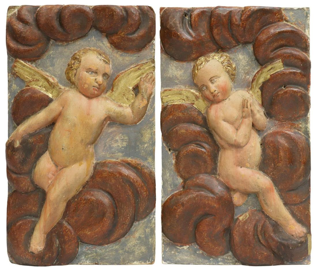(2) BAROQUE STYLE CARVED WOOD CHERUB RELIEF PANELS (1 of 2)