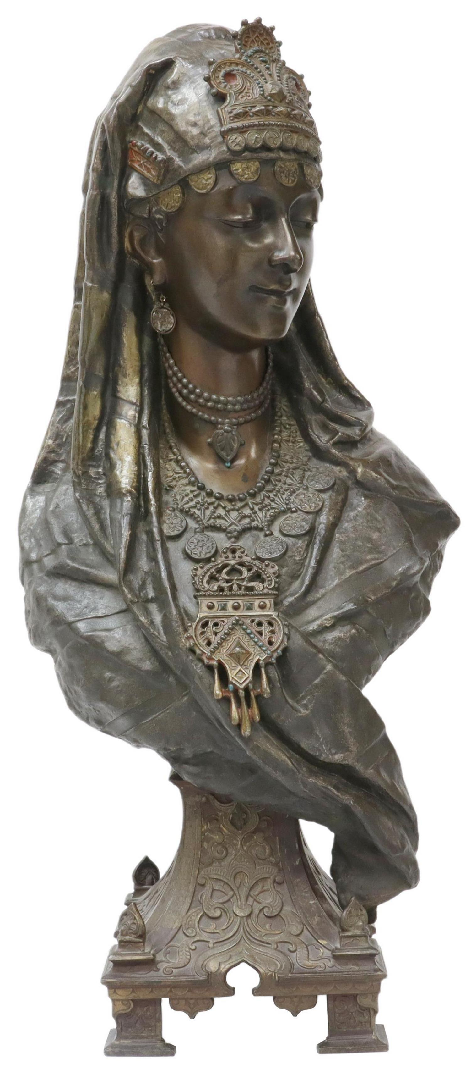 ORIENTALIST PATINATED METAL BUST OF JEWELLED LADY (1 of 5)