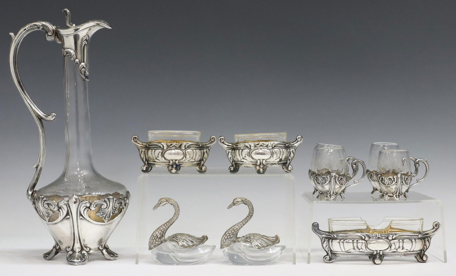 (10) 800 SILVER-MOUNTED CORDIAL SET & SALT CELLARS (1 of 3)