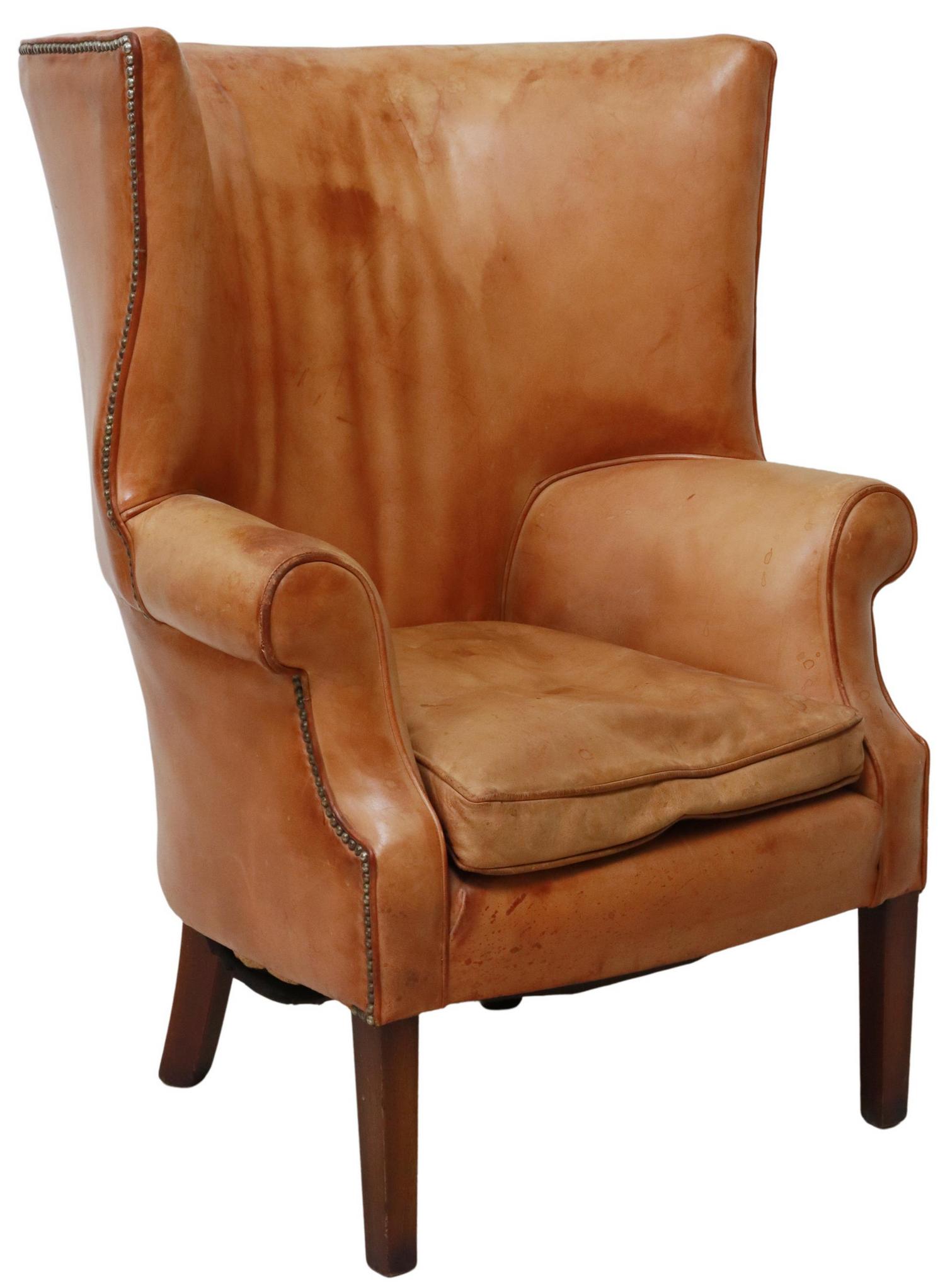 GEORGIAN STYLE LEATHER BARREL WINGBACK ARMCHAIR (1 of 3)