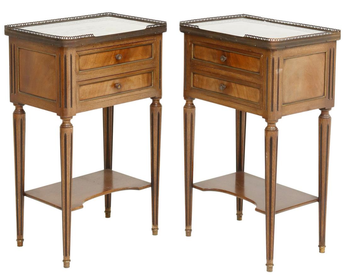 (2) LOUIS XVI STYLE MARBLE-TOP MAHOGANY NIGHSTANDS: (pair) French Louis XVI style mahogany nightstands, 20th c., having pierced gilt metal gallery, inset marble top, over two drawers, above medial shelf, rising on tapered fluted legs, approx 27.25"h, 1