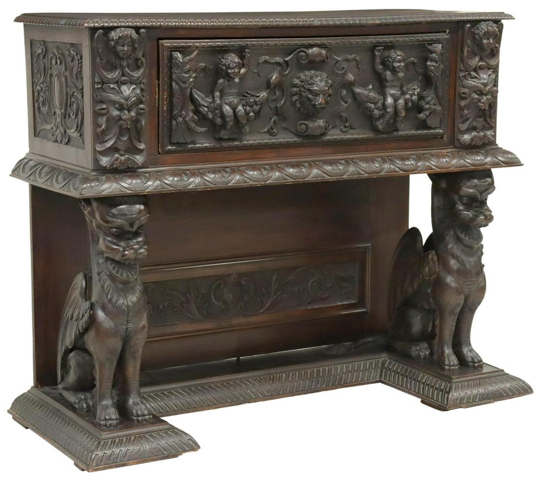 RENAISSANCE REVIVAL CARVED WALNUT CABINET ON STAND (1 of 7)