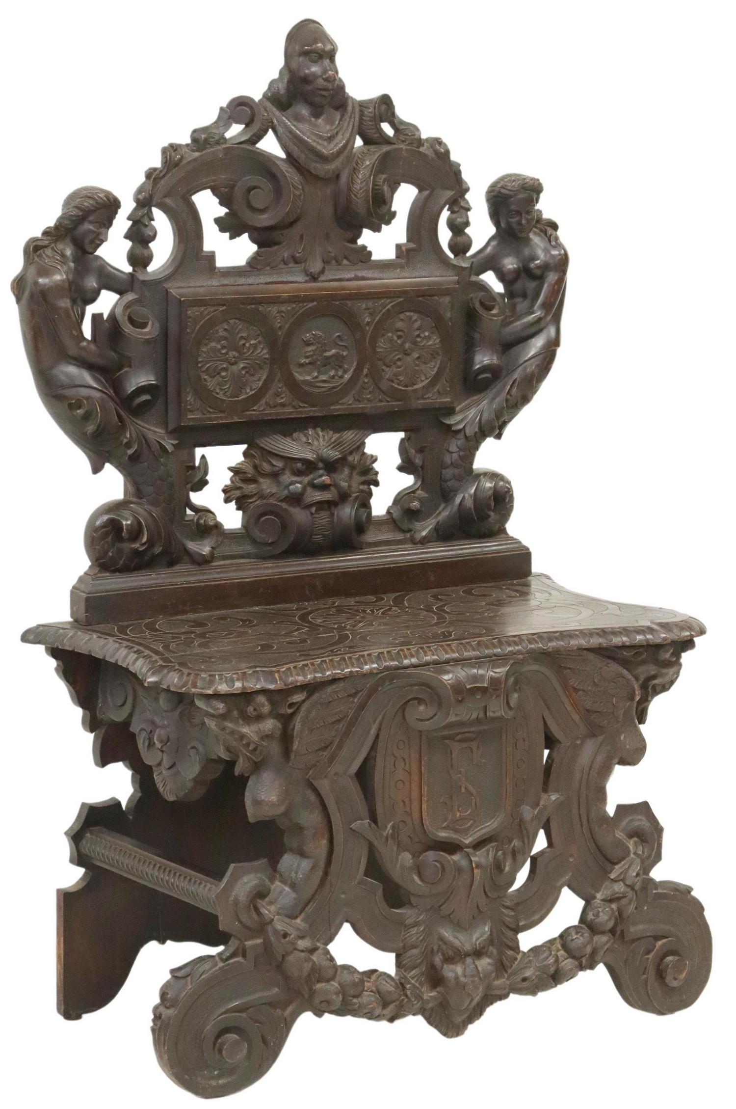 ITALIAN RENAISSANCE REVIVAL CARVED HALL BENCH (1 of 4)