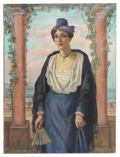 JEAN PIERRE JULIEN (D.1974) L'ARLESIENNE 51" X 38": Unframed oil on stretched canvas painting, "L'Arlesienne," signed verso Jean Julien (Jean Pierre Julien, French, 1888-1974), inscribed "medaille d'honneur Salon 1957," patch repair to canvas, approx 5